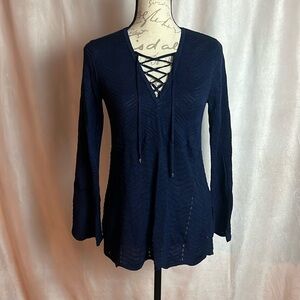 White House Black Market Navy Long Sleeve Sweater with Lace Up Collar sz Small